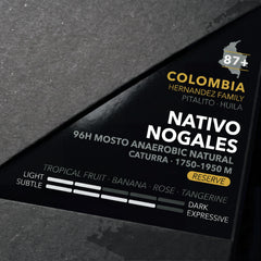 Colombia Nativo Nogales - label detail with tasting notes and roast sliders