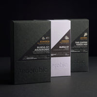 The Beyond set - Ethiopia Bursa G1 Anaerobic box in focus, Bursa G1 Washed and Uganda Coffee Yards 96h behind
