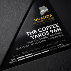 Uganda Coffee Yards 96h - label detail with tasting notes and roast sliders