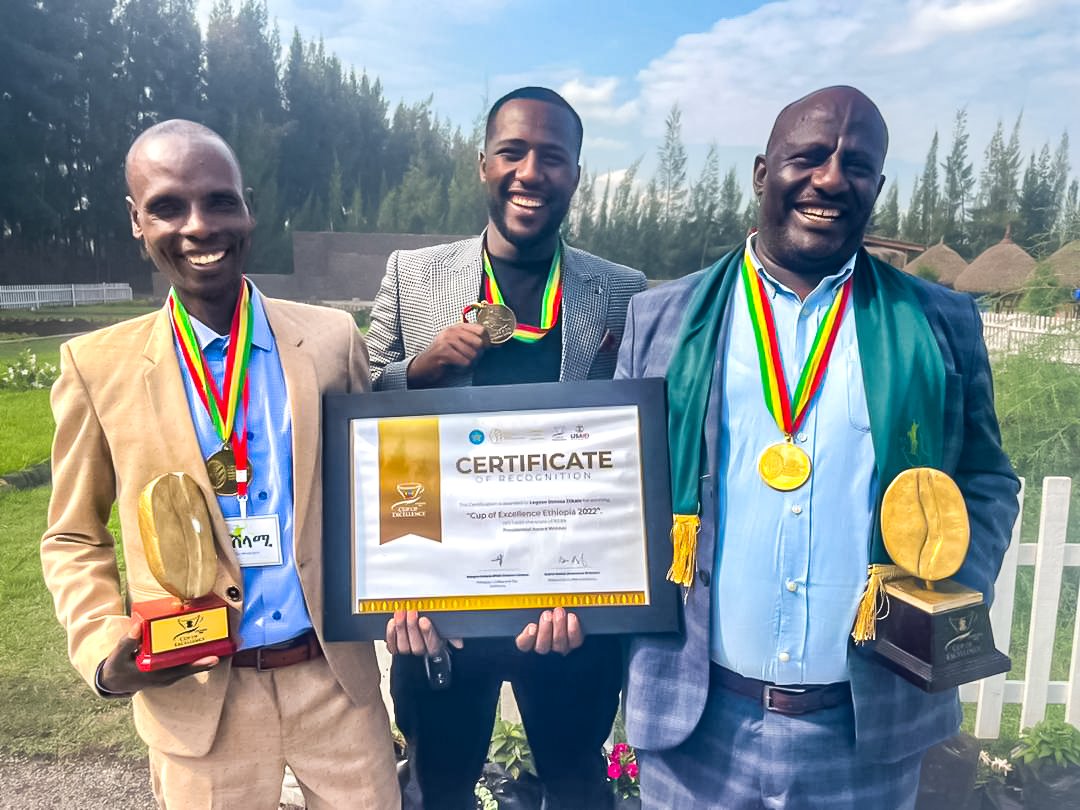 Three Ethiopian Cup of Excellence winners with their certificate, medals and trophies. Mulugeta Muntasha is on the right.