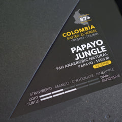 Colombia Papayo Jungle - label detail with tasting notes and roast sliders