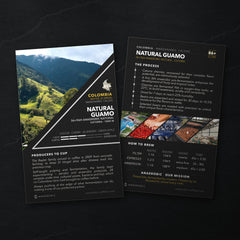 Natural Guamo coffee card, front and back, on black slate: who grew it, the process and how to brew it