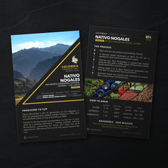 Nativo Nogales coffee card, front and back, on black slate: who grew it, the process and how to brew it