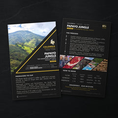 Papayo Jungle coffee card, front and back, on black slate: who grew it, the process and how to brew it
