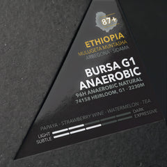 Ethiopia Bursa G1 anaerobic - label detail with tasting notes and roast sliders