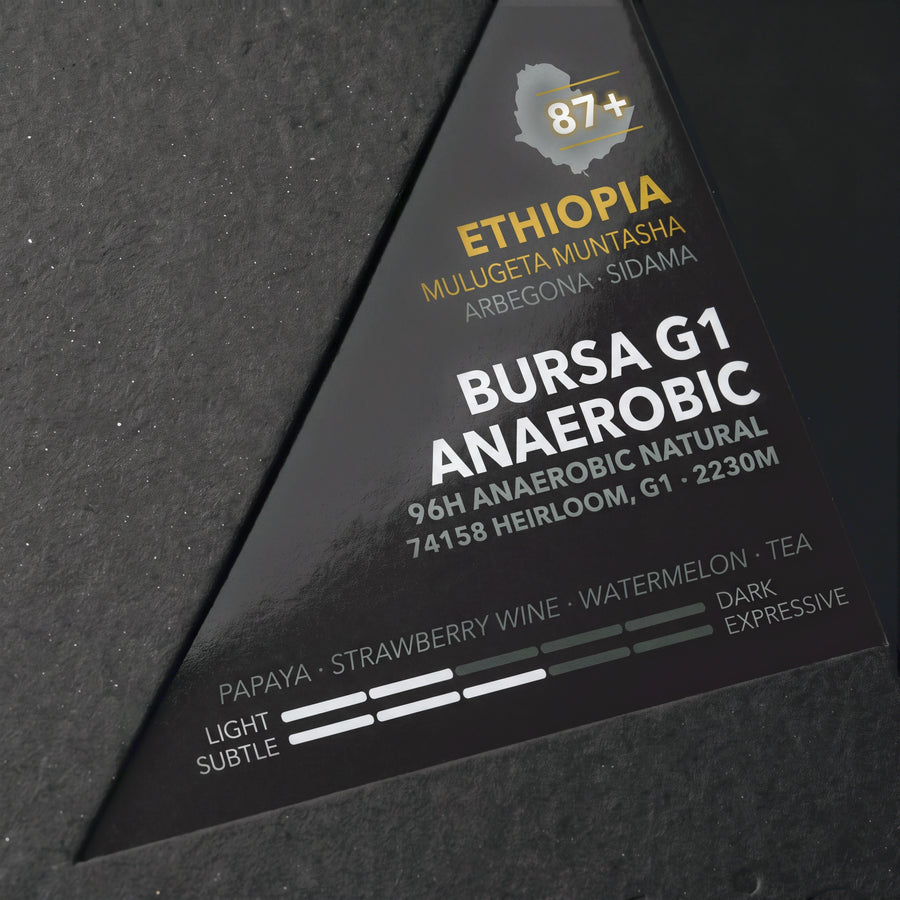 Ethiopia Bursa G1 anaerobic - label detail with tasting notes and roast sliders