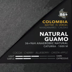 Colombia Natural Guamo - label detail with tasting notes and roast sliders