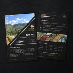 Bursa G1 Washed coffee card, front and back, on black slate: who grew it, the process and how to brew it