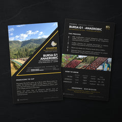 Bursa G1 Anaerobic coffee card, front and back, on black slate: who grew it, the process and how to brew it