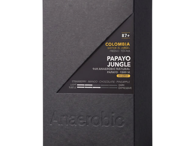 Colombia Papayo Jungle 96h Anaerobic Natural — 10oz box, front three-quarter view on white