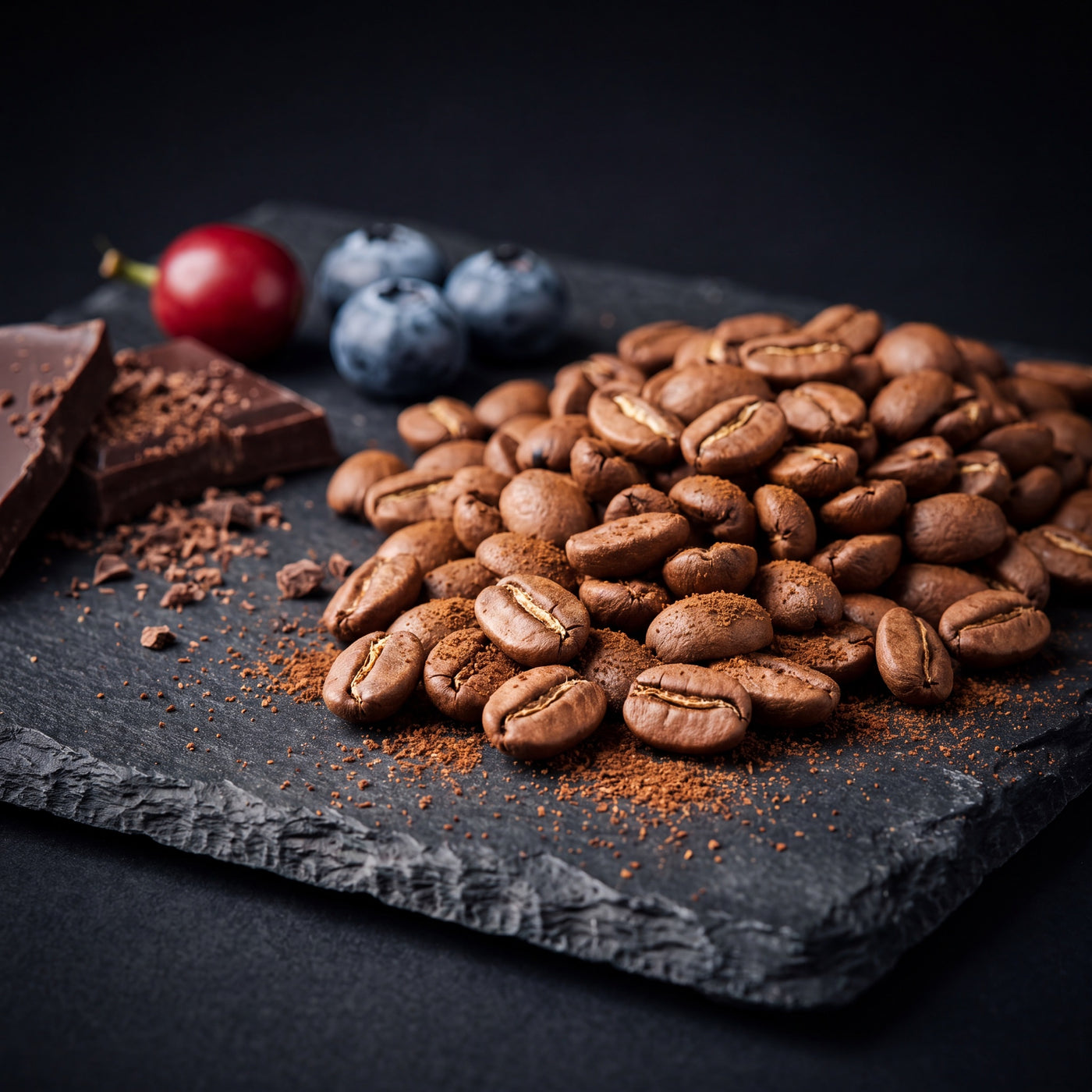 Colombia Guamo tasting-note still life — roasted beans with dark cocoa, red cherry and blueberries on slate