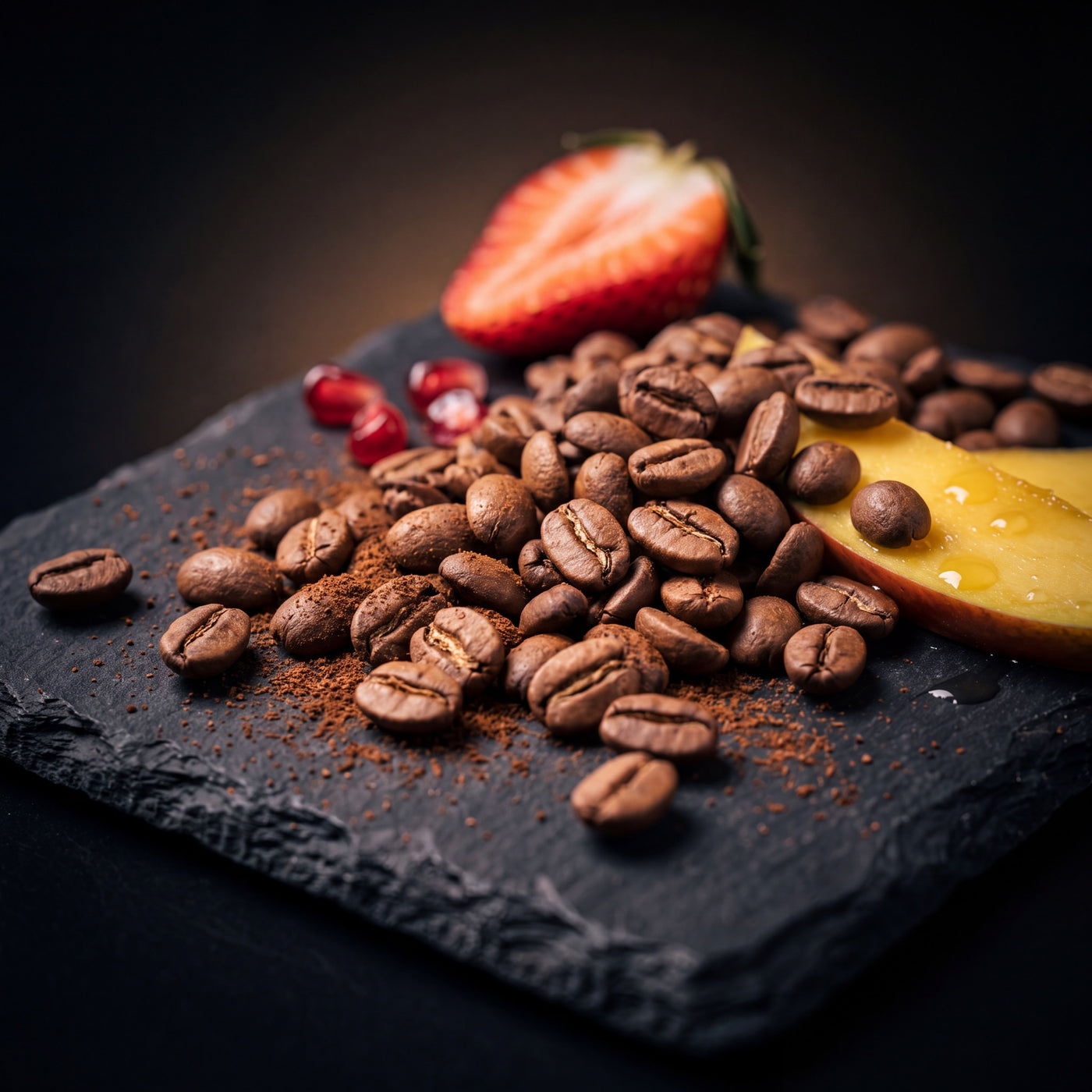 Colombia Papayo Jungle Reserve tasting-note still life — roasted beans with strawberry, pomegranate seeds and mango on slate