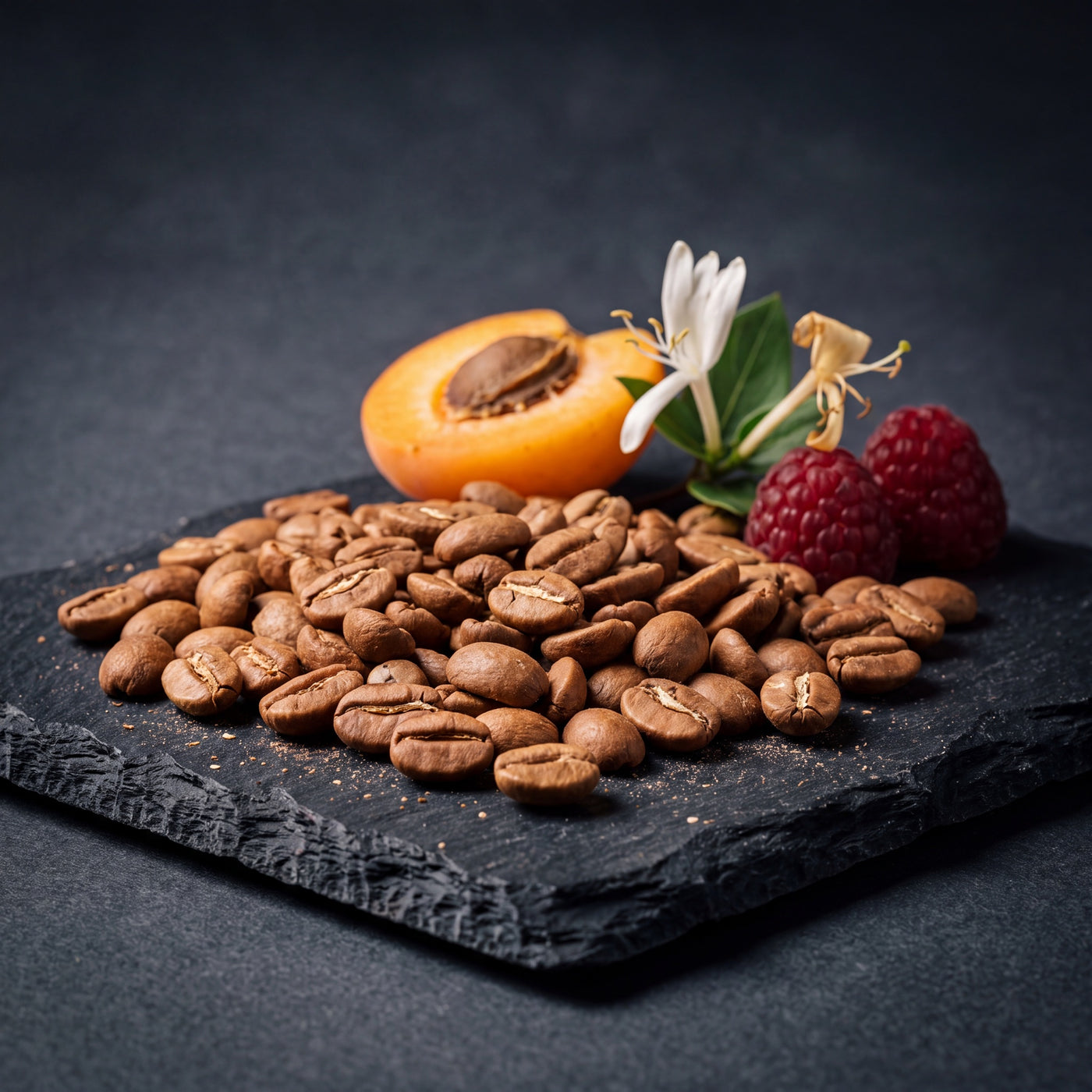 Ethiopia Mulugeta Muntasha washed G1 tasting-note still life — light-roast beans with apricot, honeysuckle and raspberries on slate