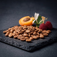 Ethiopia Mulugeta Muntasha washed G1 tasting-note still life — light-roast beans with apricot, honeysuckle and raspberries on slate