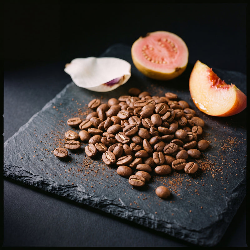 Uganda Coffee Yards 96h extended natural tasting-note still life — roasted beans with guava, peach and magnolia petal on slate