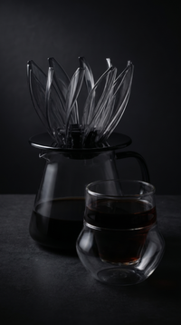 Two pieces from The Ritual — the flower cone dripper on a glass server beside the double-wall glass