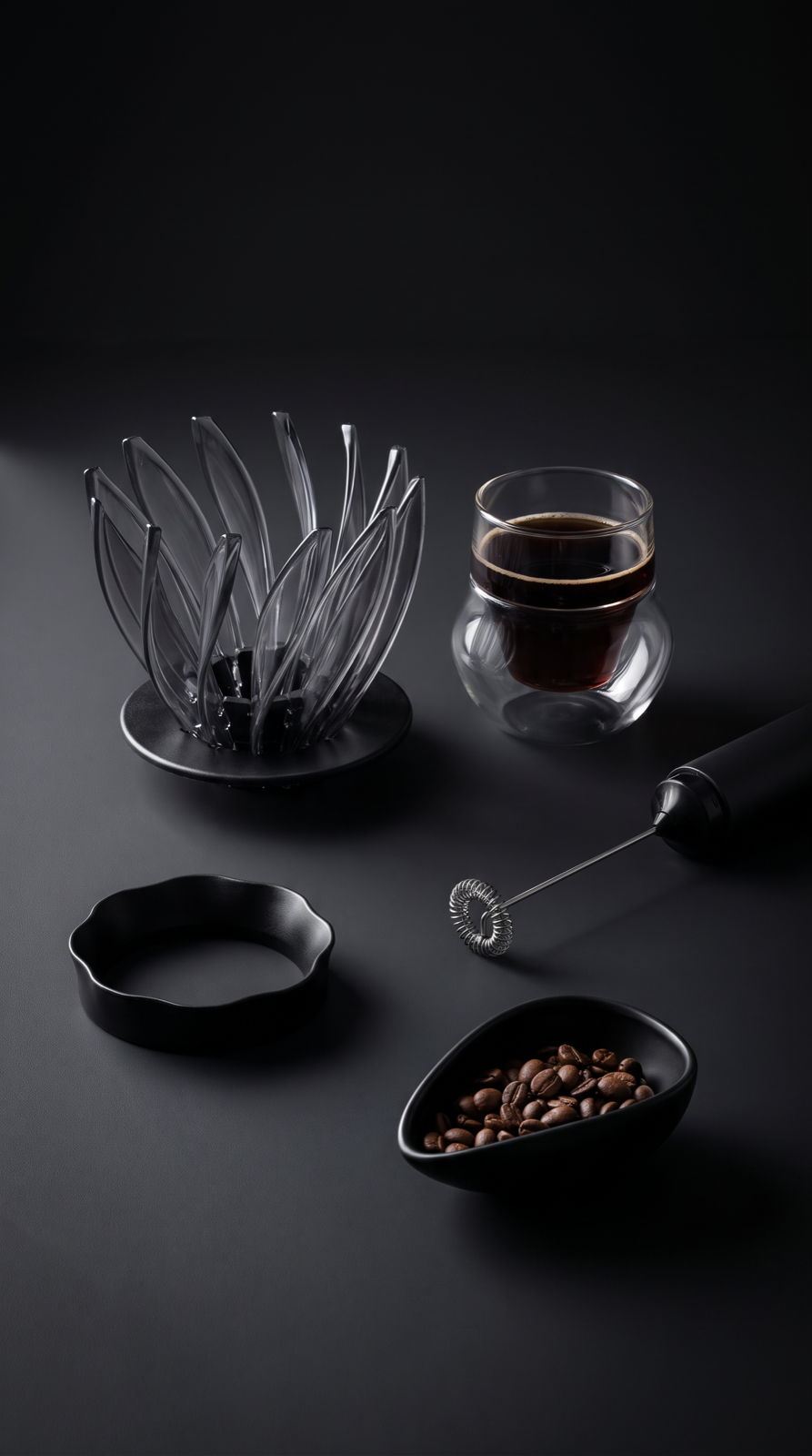 The Ritual — flower cone dripper, 120ml double-wall glass, 58mm dosing ring, dosing cup with whole beans, and handheld frother
