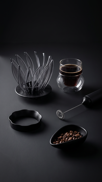 The Ritual — all five pieces: flower cone dripper, 120ml double-wall glass, 58mm dosing ring, dosing cup with whole beans, and handheld frother