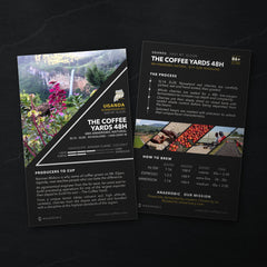 The Coffee Yards 48h coffee card, front and back, on black slate: who grew it, the process and how to brew it