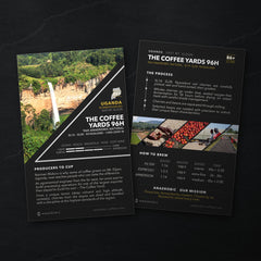 The Coffee Yards 96h coffee card, front and back, on black slate: who grew it, the process and how to brew it